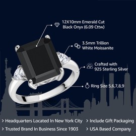 Gem Stone King 925 Sterling Silver Black Onyx and White Moissanite 3 Stone Ring For Women (6.09 Cttw, Gemstone Birthstone, Emerald Cut 12X10MM, Trillion 3.5MM), Sterling Silver, Gemstone, onyx and
