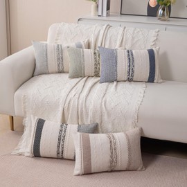 CATOLAT Boho Lumbar Pillow Covers Set of 2-12x20 Inch Sage Green Striped Decorative Farmhouse Coastal Accent Long Boho Throw Pillows for Couch, Neutral Textured Pillowcases for Bed, Sofa Home Decor