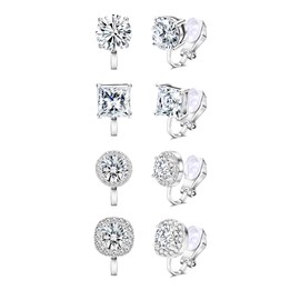 Thunaraz Cubic Zirconia Clip on Earrings - Women Hypoallergenic Comfortable Non Pierced Stud Earrings for Wedding and Dance Competitions Silver Clip-on Earrings