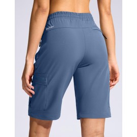 SANTINY Women's 10'' Lightweight Hiking Cargo Shorts with 5 Zipper Pockets Quick Dry Summer Long Travel Golf Shorts for Women (Blue_XL)