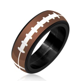 Tobestu Black Stainless Steel Rotate Anti Anxiety Sports Style Jewelry - Mens Brown Rugby Ring Ideal for Sports and Competitions (Size 6) YA5037