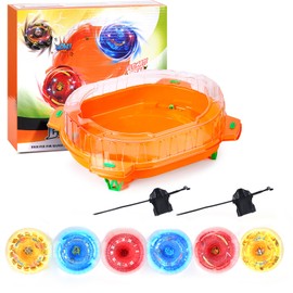 Stadium Set with 6 Light Ignite Spinning Tops and 2 Launchers, Metal Fusion Battling Game, Boys Toy Kids Gift 6+ (Orange)