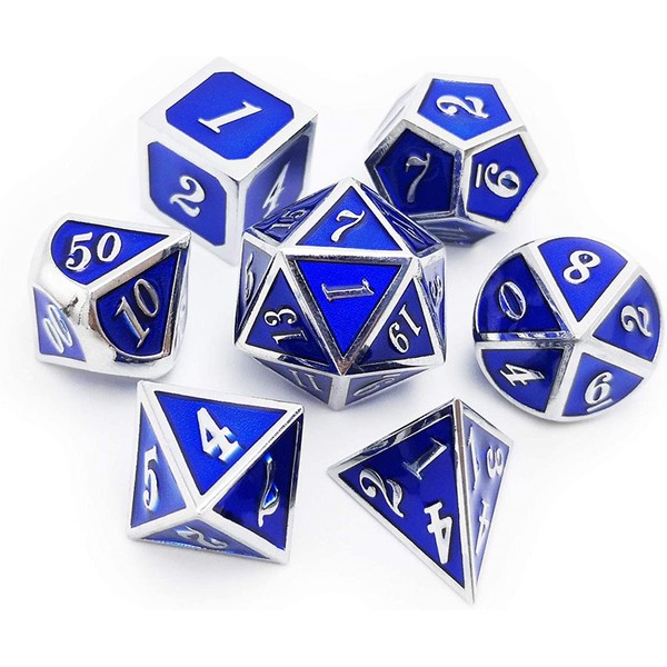 Haxtec Metal Dice Set D&D Silver Blue Metal Polyhedron DND
