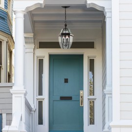 Large Outdoor Pendant Light Fixture 3-Light, 20in Modern Bronze Outdoor Chandelier Hanging Porch Light, Metal Exterior Ceiling Mount Hanging Lantern with Clear Glass for Front Door, Entrance, Gazebo