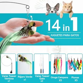 15 Pieza Juguetes para Gatos, Pajaro Juguete Gato, Incluir 2 Varas Teaser de Gato,10 Plumas Cabezas de Reemplazo, 1Juguete para Gatos con Ventosa, 1 Simulación de Pájaro Verde