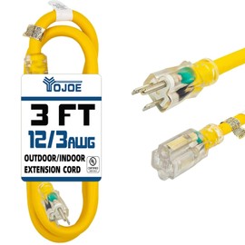 YOJOE Indoor Outdoor Extension Cord with Lighted End, 3 Prong 15A Weatherproof Power Cord, 12 Gauge Heavy Duty 3 ft Yellow Extension Cord for Garage, Garden and Home, 12/3 SJTW UL Listed