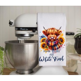 Good Food Good Friends Good Times - Highland Cow - Microfiber White Waffle Weave Towel. 16 x 24 in. Absorbent, No Lint, Thick, Reusable, Commercial, Soft, Hand