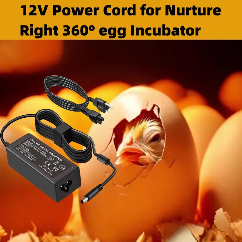 12V Power Cord for Nurture Right 360° Egg Incubator Compatible