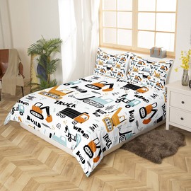 Kids Cartoon Excavator Bedding Set Boys Vehicles Truck Car Comforter Cover Child Cute Building Equipment Duvet Cover Toddler Funny Construction Transport Bedspread Cover Colorful Room Decor Twin Size