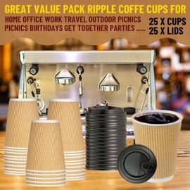 AmazCups - 25 x 12oz Ripple Wall Disposable Coffee Cups with lids - Best 3 Ply Insulated Triple Wall Kraft Paper Cups with Leak Proof Lids for Hot Drinks