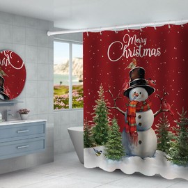 DDS-DUDES Christmas Shower Curtain for Bathroom Xmas Snowman Xmas Tree Shower Curtains with 12 Hooks, Christmas Balls Shower Curtain for Bathroom 71x71inches