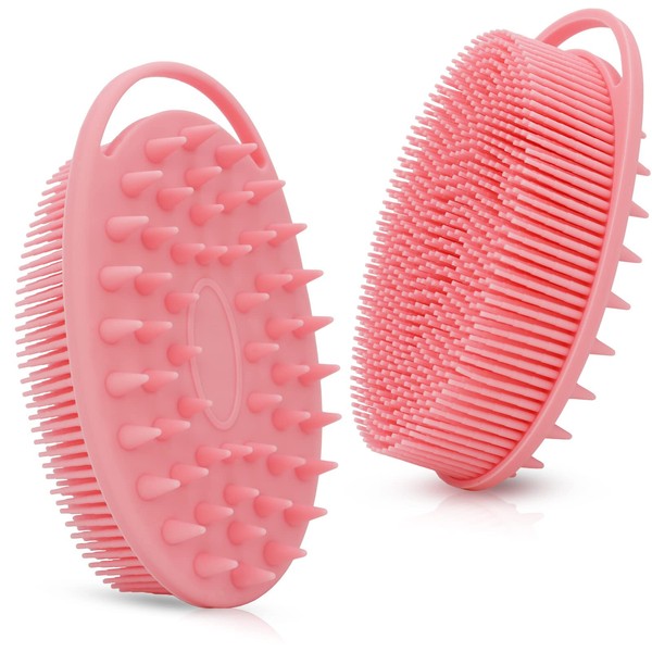 Upgrade 2 in 1 Bath and Shampoo Brush, Silicone Body Scrubber for Use in Shower, Exfoliating Body Brush, Premium Silicone Loofah, Head Scrubber, Scalp Massager/Brush, Easy to Clean (1PC Pink)