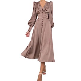 xxxiticat Women's Puff Sleeve Satin Maxi Dress Long Lantern Sleeve Button Down Ruffle Single Breasted Vintage Midi Dresses(BR,L) Brown