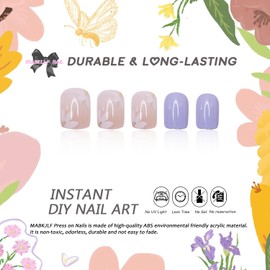 Flower Press on Nails Extra Short Square MABKJLF Light Blue Fake Nails Cute Nails Flower False Nails with Designs White Floral Glossy Glue on Nails Summer Spring Stick on Nails for Women Girls 24 Pcs