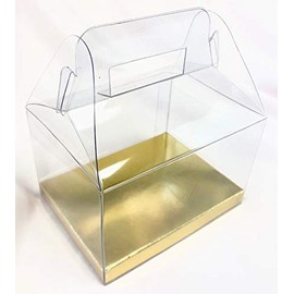 Durapak Supplies 48 PCS 4(W) x3(D) x2.5(H) Gable Handle w/Golden Card Bottom, Clear Plastic PVC Boxes for Party Favor Wedding Favor, retail products packaging and display