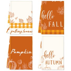Suttmin 4 Pack Fall Kitchen Towels Autumn Dish Towel Thanksgiving Pumpkin Maple Leaf Hand Towels Harvest Tea Towels for Cooking Baking Home Farmhouse Kitchen Decorations Gifts, 18 x 28 Inch