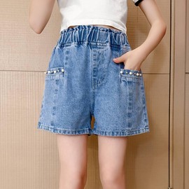 Rolanko Big Girls Denim Shorty Shorts Elastic Waist Kids Summer Jean Shorts with Pearl Casual 4-14 Years (Pearl, 14-16)