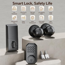 VCHOO Keyless Entry Door Lock with Handle App Control Door Locks for Front Door Anti-Peeping Password Smart Door Lock for Homes Hotel Bedroom Doors with 2 Door Knobs