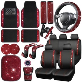 CAR PASS 23 PCS Bling Diamond Car Accessories Set for Women, Leather Car Seat Covers Full Set Sparkly Rhinestone15'' Steering Wheel Covers Shining Diamond Car Floor Mats Cute Car Interior Sets, Red