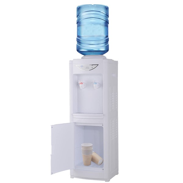Water Cooler Dispenser for 5 Gallon Bottle, Top Loading Hot & Cold Water Freestanding Electric Water Cooler Child Safety Lock for Indoor Home Office Use with Storage Cabinet, White