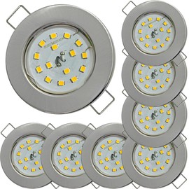 Set of 8 Flat SMD LED Module Recessed Spotlights, Colour Brushed Stainless Steel, 5 W, 230 V, Rigid, Clamping Ring, LED Spotlights for the Ceiling with Little Installation Depth, Living Room, Kitchen,