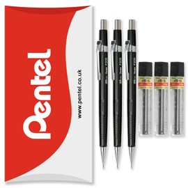 Pentel P200 Series Automatic Mechanical Pencils - HB Lead - 3 x Pencils + 3 Tubes of Refill Leads - In Pillow Packaging (P205 (0.5mm))