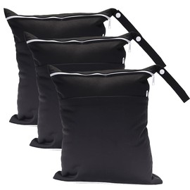 Egurs Wetbag Wet Bag 3 Pieces 30 x 36 cm Large Plain Nappy Bag Reusable Nappy Bag Organiser Bag with Two Zip Pockets Black