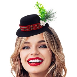 Firuilo Christmas Snowman Headband Black Mini Top Hat Hairbands Christmas Mistletoe Head Hoops with Plaid Band Holly and Berries for Women (Style-A, One Size)
