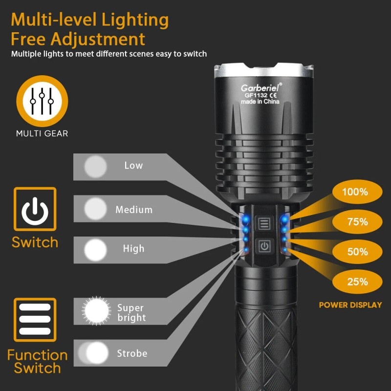 Garberiel 9000000 Lm XHP120 LED Flashlight Super Bright Rechargeable Powerful