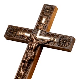 Woodvio - Hand carved wooden wall cross, Catholic crucifix