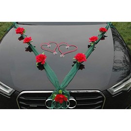 Organza M + Hearts Bride Couple Rose Decoration Car Decoration Wedding Car Wedding Decoration Ratan Garland ® Car Decoration Car Decoration (Red/Green/Red)