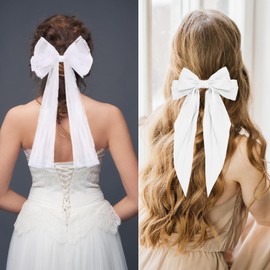 Drnytunk White Bow Hair Clips Bride Pearl Bow Clips,2PCS White Hair Bow Clips Pearl Bow Long-tail Hair Bows Bridesmaid Large Hair Bow Bachelorette Party Accessories Veils for Women Wedding Gifts