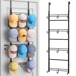 SWTYMIKI Over Door Hat Organizer - 4 Tier Metal Adjustable Wall Mounted Hat Rack with 12 Hooks Design, Hanging Baseball Cap Organizer Storage Holds up to 36 Caps for Door, Bedroom, Closet