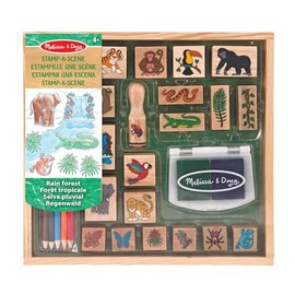 Melissa & Doug Set de Sellos Estampa-una-Escena: Bosque Lluvioso (20 Sellos de Madera, 5 Lápices de Color, y Almohadilla de 2 Colores)