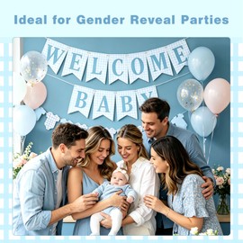 ZZTBTNO Blue Gingham Welcome Baby Banner Garland - DIY Paper Bunting for Baby Shower, Gender Reveal Party, Boy Baby Decor, Nursery Wall Decoration