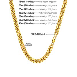 FaithHeart Stainless Steel Chain for Men, Punk Curb Chain 36 cm - 75 cm, 10 mm Solid Cuban Necklace for Birthday, Valentine's Day