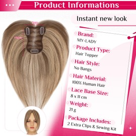 Hair Topper Real Hair for Women, 21 g, Medium Brown/Dark Blonde, Light Hair Topper, Clip-In Extensions, Natural, for Thin Hair Without Bangs (#4p27)