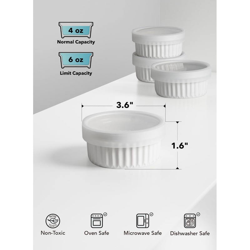 LE TAUCI Ramekins with Lids, 4 OZ Ramekins Oven Safe,