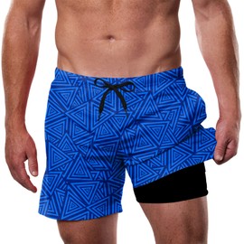 Dancinova Men's Swimming Trunks with Compression Swimming Trunks 2 in 1 Quick-Drying Print with Inner Shorts Surfing Beach Shorts M-XXL, 1 blue
