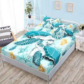 HOSIMA Sea Turtle Bedding Set,Coastal Beach Themed Bedroom Fitted Sheet Queen Size for Kids Teen Girls Boys Room Decor,1 Fitted Sheet+2 Pillowcases.