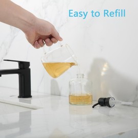 Qeemee Clear Glass Soap Dispenser, 11 Oz Boston Round Bottle Dispenser with Stainless Steel Pump, Refillable Kitchen & Bathroom Countertop Dish Soap Dispenser, Matte Black