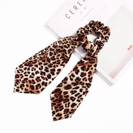 Chiffon Ponytail Hair Scarf Scrunchies - 6 Packs Leopard Print Big & Long Scrunchie Hair Scarf, Leopard Ripple Bun Hair Ties Bobbles, Scarves for Women Girls Bow Ponytail Holder (Leopard Headband - D)