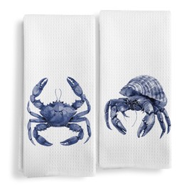 Qeheb Coastal Beach Kitchen Towels Set of 2, Navy Blue Crab Decorative Dish Tea Towels, Nautical Beach Hand Towels for Bathroom, Coastal Kitchen Bathroom Decor, 16X24In
