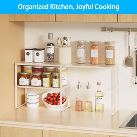 Golener Countertop Organizer Corner Shelf, 2 Tier Adjustable Stackable Corner Shelves for Kitchen, Bathroom, Spice Rack, Coffee Bar, Over Sink, Dresser Table, Corner Counter Shelf Stand, Natural Beige