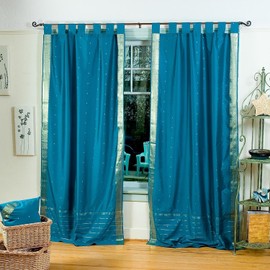 Indian Selections Turquoise Tab Top Sheer Sari Curtain/Drape/Panel - 43W x 108L - Piece