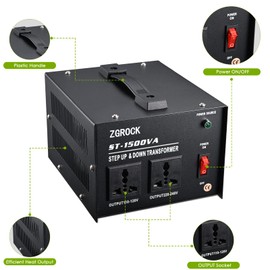 ZGROCK 1500W Voltage Converter Transformer Heavy Duty Step Up/Down- 110 / 220V- Circuit Breaker Protection