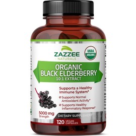 Zazzee USDA Organic Black Elderberry 10:1 Extract, 5000 mg Strength, 120 Vegan Capsules, 2 Month Supply, Standardized, Concentrated 10X Extract, 100% Vegetarian, All-Natural, Non-GMO, Made in The USA