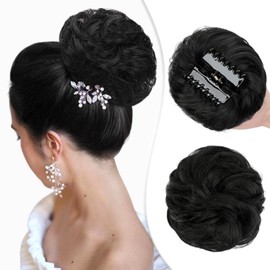 Wodelanle Messy Bun Hair Piece Claw Clip Messy Hair Bun Wavy Curly Chignon Hair Bun Extensions Tousled Updo Hair Buns Claw Clip Ponytail Hairpieces Scrunchies for Women(Dark Black)