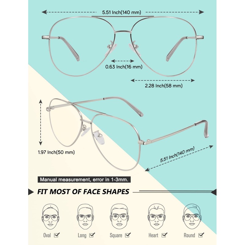 GQUEEN Pilot Style Fake Glasses Without Prescription Women Men Retro