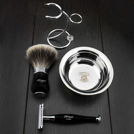 ftDE Men's Shaving Set Ready to Use Safety Razor Chip Tip Badger Hair Brush Double Stand for Razor and Brush and Stainless Steel Bowl